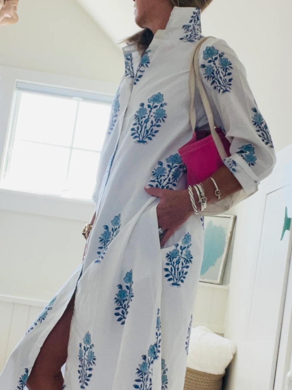 Victoria Dunn White Maxi Dress with Blue Floral Block Print NWT Size 3XL